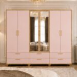 6 Door Wardrobe with Shelves, Rails and Drawers with white colors - Luxury Bedroom Wardrobe with 2 Mirrors & 6 Drawers