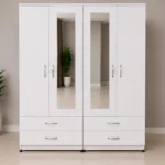 Stylish Storage white Wardrobe with 4 Doors, 4 Drawers and 2 Mirrors - Premium 4 Door Bedroom Wardrobe with 4 Bottom Drawers