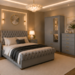 Modern Grey Bedroom Set with Mirror Wardrobe and Side Cabinets & Chest of Drawers