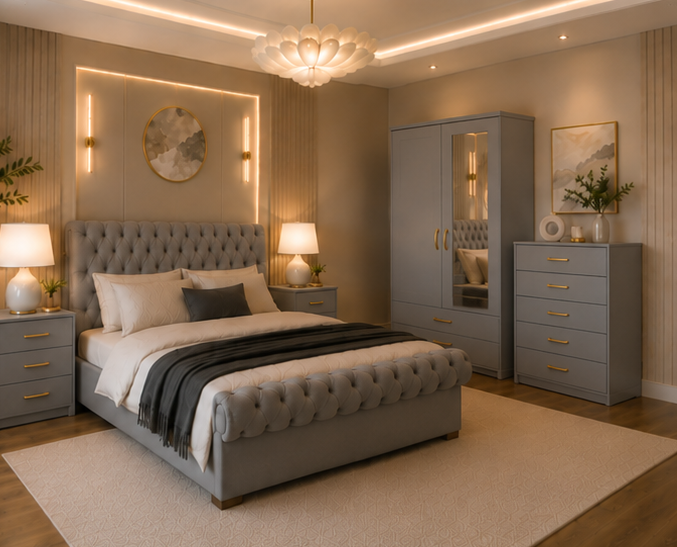 aa Modern Grey Bedroom Set with Mirror Wardrobe and Side Cabinets & Chest of Drawers - Image 1