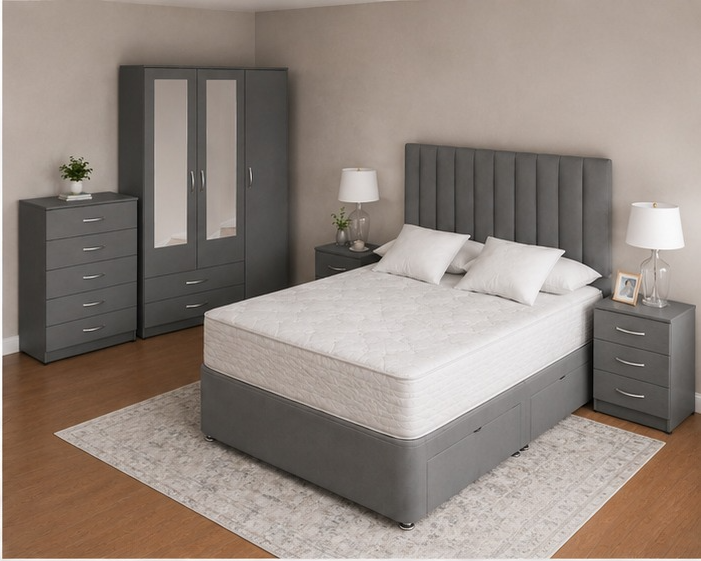 angle2_top_right Elegant Grey Bedroom Furniture Package - 3 Door Mirrored Wardrobe, Chest & Nightstands - Image 1