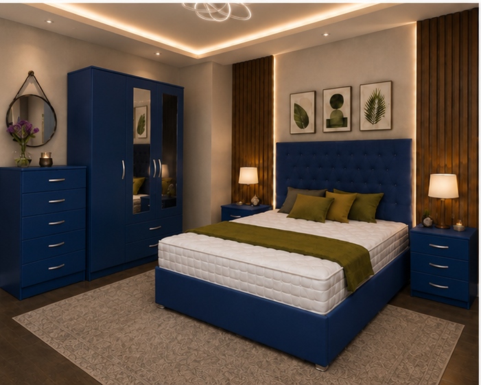 Luxury Modern Bedroom Set Featuring 3 Door Wardrobe, Chest of Drawers & Bedside Tables