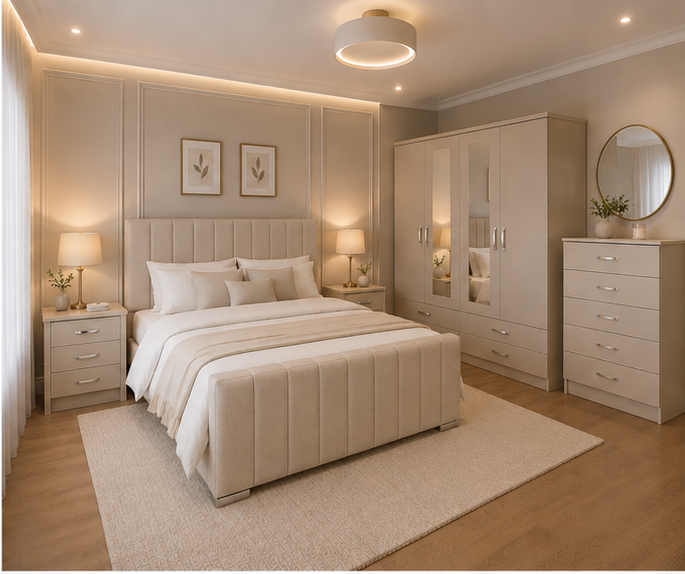 Elegant Bedroom Furniture Set – 4 Door Wardrobe, Chest & Bedside Cabinets