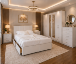 Complete King Size Bed Furniture Package - Six Door Wardrobe With Four Drawer - Chest of Five Drawers With Two Bed Side Table