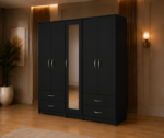 Modern  Black 5 Door Wardrobe with Elegant Mirror Door & Extra Storage Drawers - Image 2