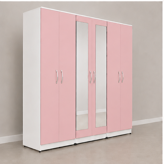 angled_view (1) 6 Door Wardrobe - Full Mirror Bedroom Furniture - Premium Storage 6 Door Wardrobe with 2 Mirrors & 2 Drawers - Image 1