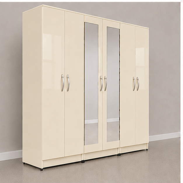 angled_view(3) 6 Door Full Mirror Cream Gloss Wardrobe - Grand Storage 6 Door Wardrobe - Image 1