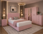 Modern Bedroom Collection - King Size Bed - 6 Door Mirror Wardrobe - Chest of Five Drawers - Two Bedside Cabinets