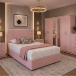Modern Bedroom Collection - King Size Bed - 6 Door Mirror Wardrobe - Chest of Five Drawers - Two Bedside Cabinets