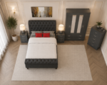 Luxury grey Velvet Complete Bedroom Furniture Set – Bed, Wardrobe, Chest & Bedside Tables - Image 5