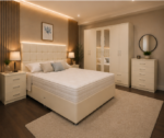 Premium King Size Bed Furniture Set – Mirrored Six Door Wardrobe – Chest of Five Drawers – Two Bedside Cabinets