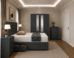 Modern  Bedroom Furniture Package – Double Bed, 2 Bedside Tables & Mirrored Storage Wardrobe in Charcoal colors - Image 2
