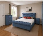 Stylish Sleigh Bed Furniture Set- - Premium Six Door Wardrobe & Chest Of 5 Drawers & 2 Bed Side Table - Image 2