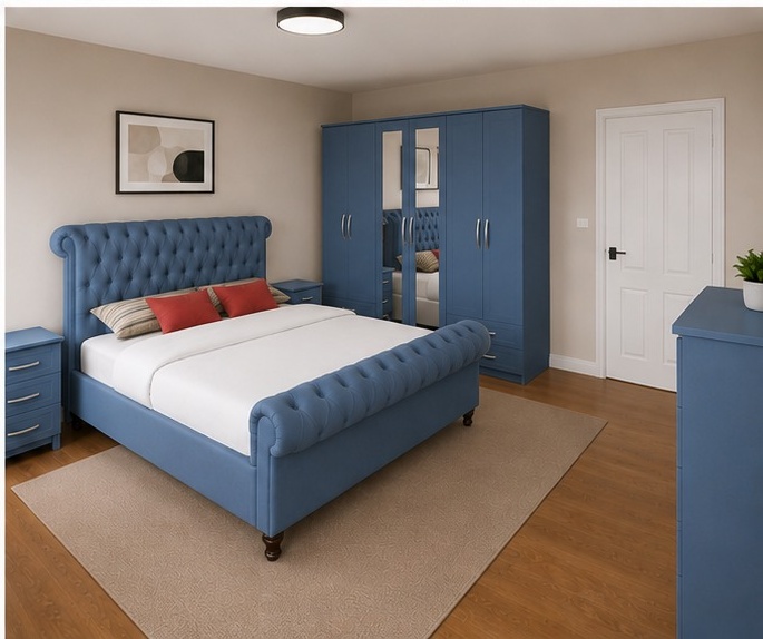 bedroom_bottom_right Stylish Sleigh Bed Furniture Set- - Premium Six Door Wardrobe & Chest Of 5 Drawers & 2 Bed Side Table - Image 1