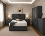 Modern  Bedroom Furniture Package – Double Bed, 2 Bedside Tables & Mirrored Storage Wardrobe in Charcoal colors