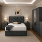 Modern  Bedroom Furniture Package – Double Bed, 2 Bedside Tables & Mirrored Storage Wardrobe in Charcoal colors