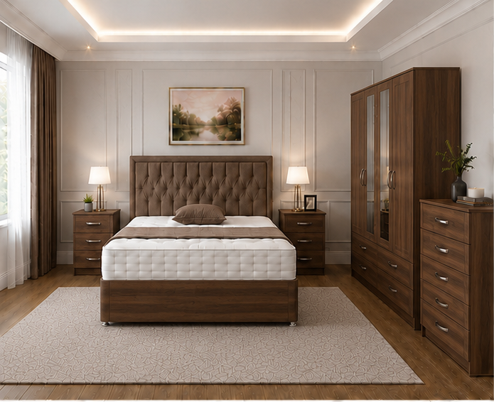 Complete Bedroom Furniture Set – Double Divan Bed, 4 Door Mirrored Wardrobe & Drawers