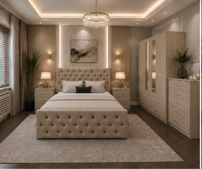 beige_angle_1 (1) Luxury Home Bedroom Set with Wardrobe, Chest and Nightstand Pair - Image 1