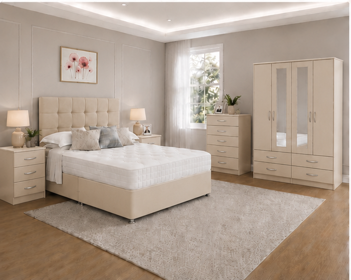 beige_bottom_left (1) Elegant Beige Bedroom Set with 4 Door Wardrobe - Bed Side Tables, Chest of drawers - Image 1