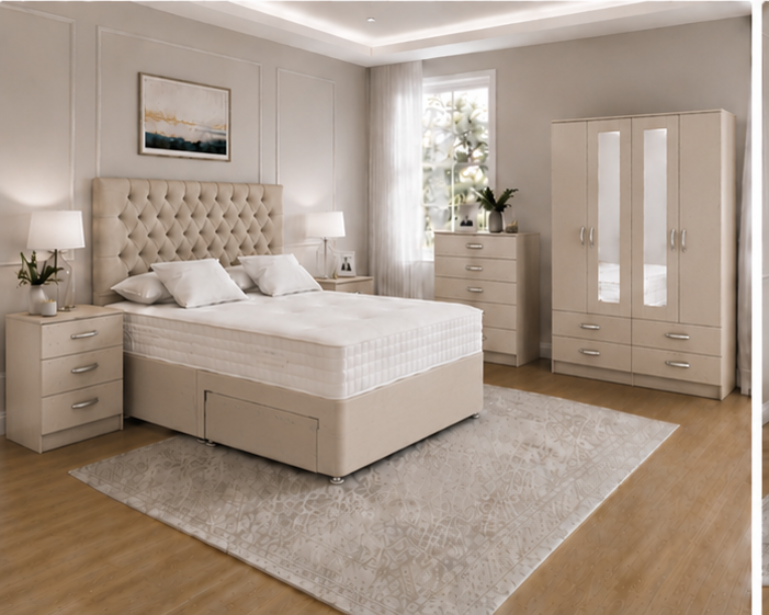 beige_bottom_left Modern Beige Bedroom Storage Solution - Wardrobe, Chest & Side Units - Image 1