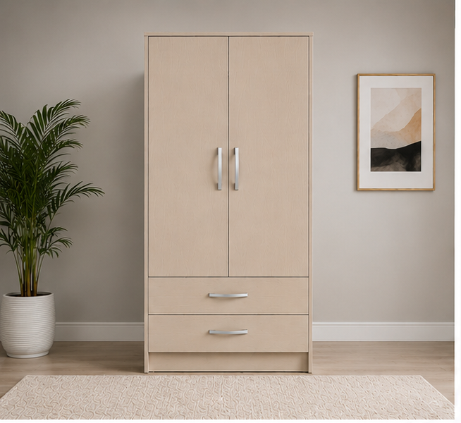 beige_front_view_newbg Modern Storage 2 door Wardrobe for Clothes Organization with beige colors - Stylish Two Door Storage Wardrobe - Image 1
