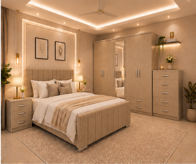 Complete Bedroom Set with 5 Door Wardrobe & Chest of Drawers And Sidetables