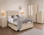 Premium Beige Bedroom Set - Mirror Wardrobe, Chest & Storage Bed