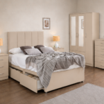 Premium Beige Bedroom Set - Mirror Wardrobe, Chest & Storage Bed