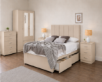 Premium Beige Bedroom Set - Mirror Wardrobe, Chest & Storage Bed - Image 2
