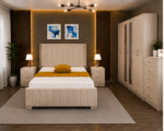 Elegant Beige Bedroom Furniture Set with Full Mirror Wardrobe -  Bedside Tables & Chest of Drawers - Image 2
