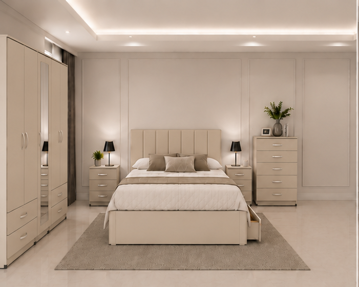beige_view_1 Modern Complete Bedroom Set – 5 Door Wardrobe, Bed & Storage Collection - Image 1