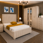 Elegant Beige Bedroom Furniture Set with Full Mirror Wardrobe -  Bedside Tables & Chest of Drawers