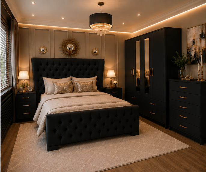 black_angle_2_top_right Modern Black Bedroom Set with Large Wardrobe, Side Tables and Drawer Chest - Image 1