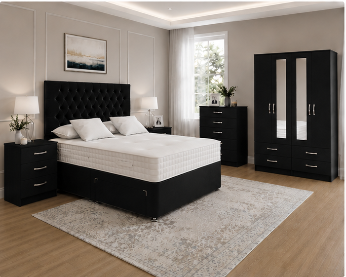 black_angle_3_left_view Elegant Home Black Bedroom Set - 4 Door Wardrobe with Bedside Tables & Chest of Drawers - Image 1