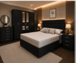 Elegant King Size Bedroom Set – Double Storage Bed – Six Door Mirror Wardrobe – 5 Drawer Chest – Two Bedside Tables - Image 2