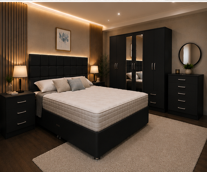 Elegant King Size Bedroom Set – Double Storage Bed – Six Door Mirror Wardrobe – 5 Drawer Chest – Two Bedside Tables