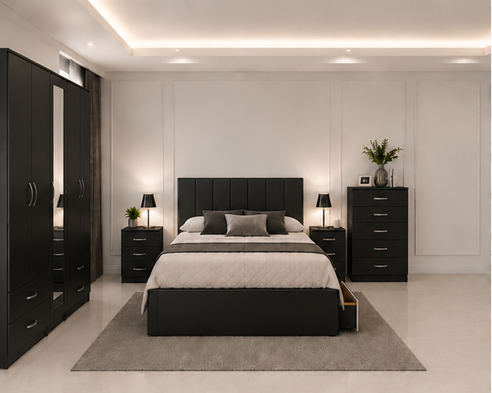 black_bedroom_angle_1 Elegant Bedroom Package – Bed, 5 Door Wardrobe, Chest of Drawers & Nightstands - Image 1