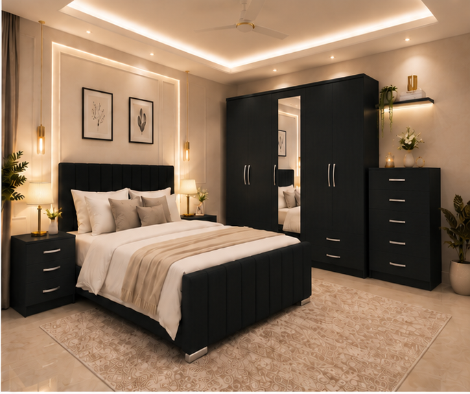 black_bedroom_angle_2 Modern Master Bedroom Furniture Collection_ Bed, Wardrobe & Chest of drawer - Image 1