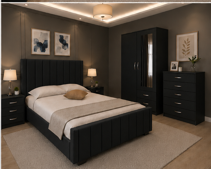 black_bedroom_angle_4 Stylish Double Bed Room Set with Wardrobe and Chest - Image 1