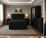 Premium Family Bedroom Set with Double Divan Bed and Mirrored 4 Door Wardrobe in Black colors