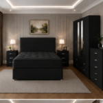 Premium Family Bedroom Set with Double Divan Bed and Mirrored 4 Door Wardrobe in Black colors