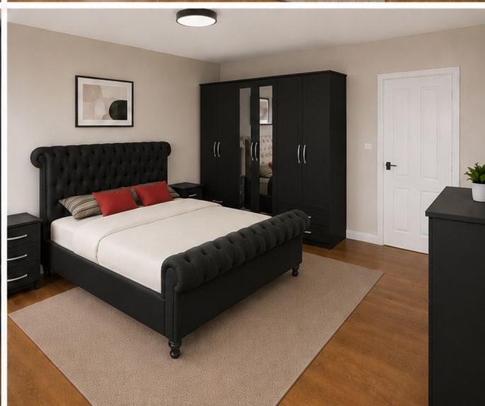 black_bottom_right Sleigh Wardrobe & Drawer Set - Modern Luxury Sleigh Furniture Set - Sleigh Bed & Mirror Storage Set - Image 1