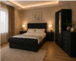Luxury Black Bedroom Suite – Double Bed, Mirror Front 2 Door Wardrobe, Tall Chest of Drawers & 2 Bedside Units - Image 2