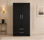 Premium Double Door Wooden Wardrobe with 2 Drawers with black colors