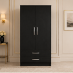 Premium Double Door Wooden Wardrobe with 2 Drawers with black colors