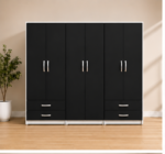 Spacious 6 Door Black Wardrobe - Integrated Double Drawers - Wooden 6 Door Storage Wardrobe - Image 2