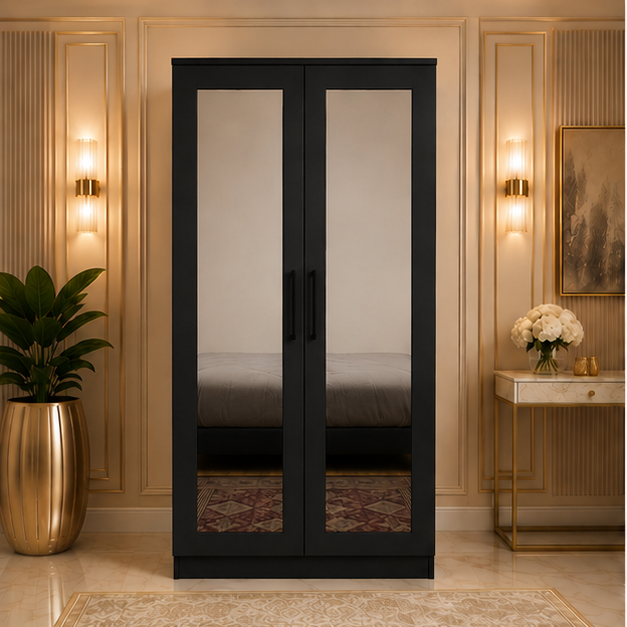 black_front_view Modern Black 2 Door Wardrobe with Dual Full-Length Mirrors - Deluxe Wooden Wardrobe with Dual Mirrors - Image 1