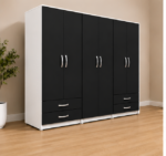 Spacious 6 Door Black Wardrobe - Integrated Double Drawers - Wooden 6 Door Storage Wardrobe - Image 4