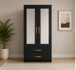 Luxury 2 Door Mirrored Wardrobe with Storage Drawers with Black colors - Premium Two Door Bedroom Wardrobe with 2 Drawers
