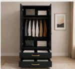 Luxury 2 Door Mirrored Wardrobe with Storage Drawers with Black colors - Premium Two Door Bedroom Wardrobe with 2 Drawers - Image 3
